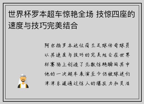 世界杯罗本超车惊艳全场 技惊四座的速度与技巧完美结合